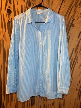 J.Jill Love Linen Turquoise White Striped Button Down Shirt Large Petite